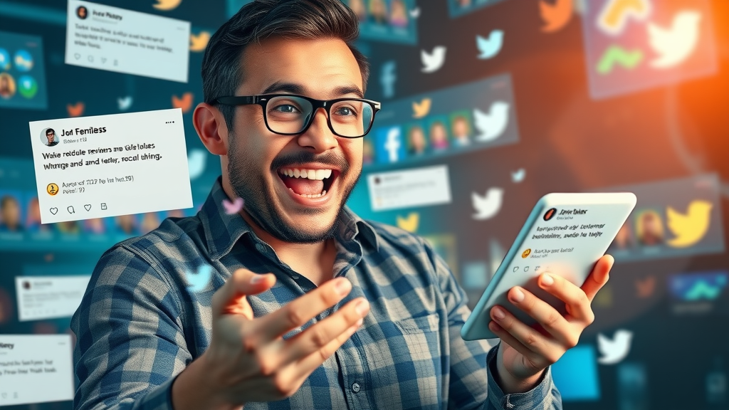 Marketer posting customer reviews and reputation content across multiple social media platforms, digital space with review snippets and animated shares