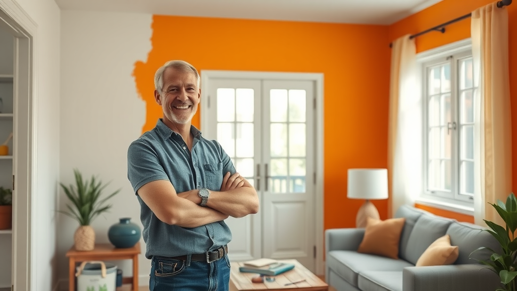 Homeowner feeling accomplished after mastering painting a vibrant accent wall