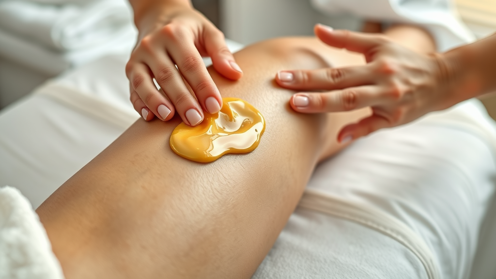 close-up sugar waxing paste leg client at ease esthetician spreading golden sugar gel professional spa sugar waxing lansing, mi
