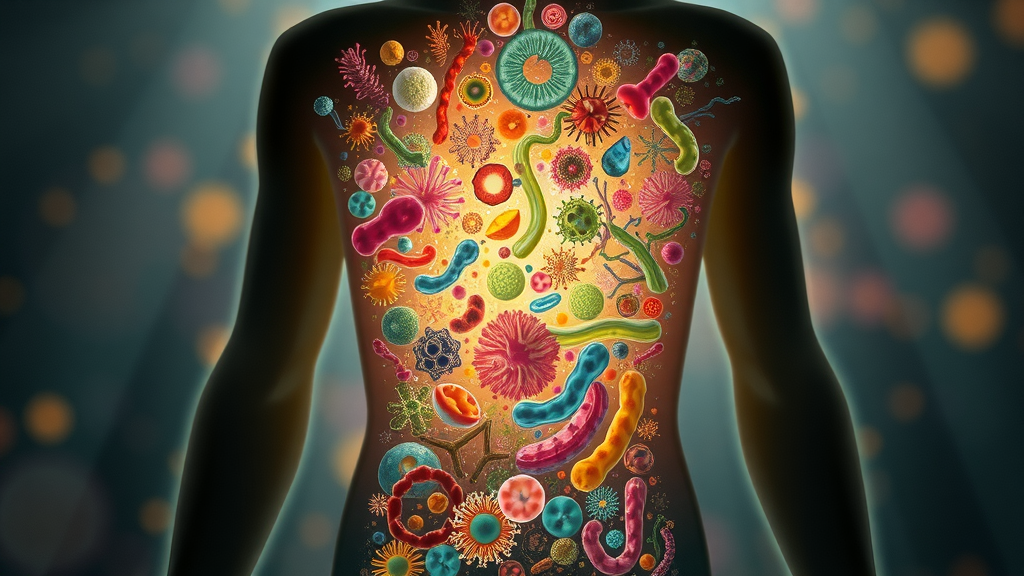 diverse group of microbes in human form, microbiome diversity and unity, microbiota illustration