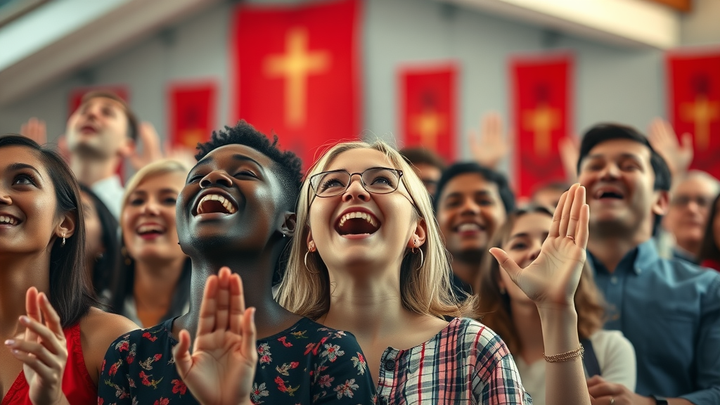 Multicultural congregation, joyfully celebrating Pentecost Sunday in worship, diverse expressions of the Holy Spirit