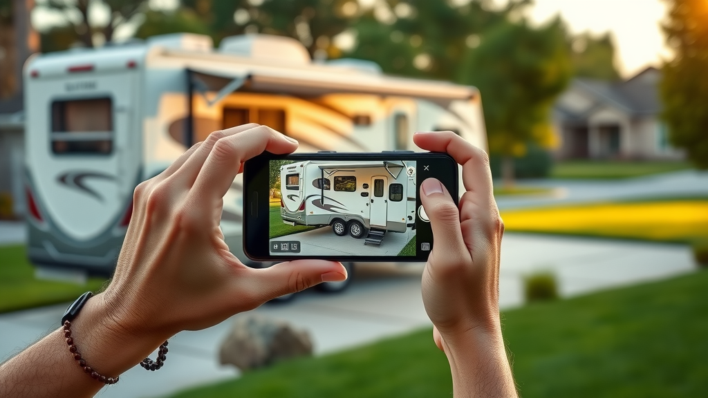 Private RV sales benefits depicted by person photographing their RV for listing purposes