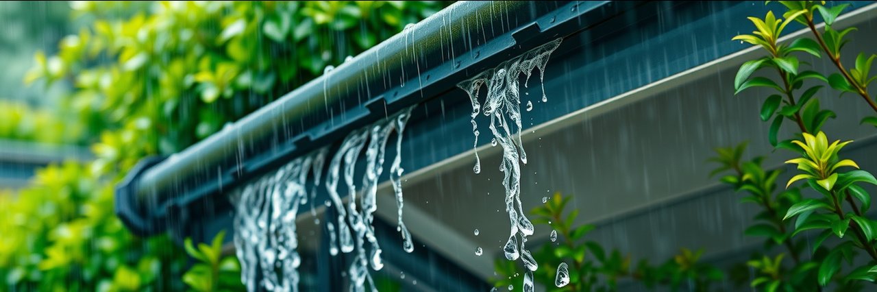 Seamless rain gutter overflowing with rainwater next to green tree