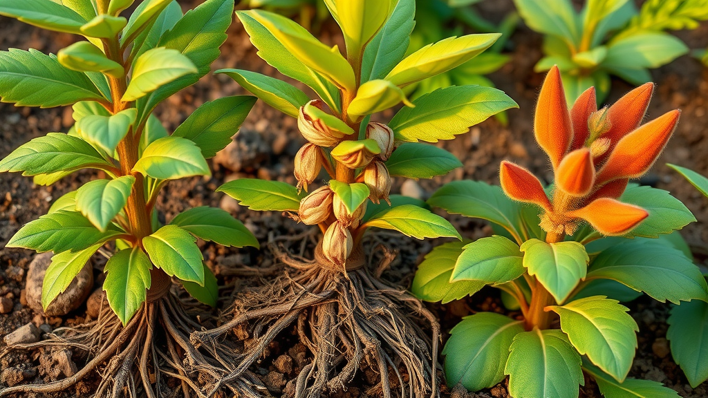 close-up of ashwagandha, maca, and rhodiola plants with healthy roots for hormone balance in natural botanical garden