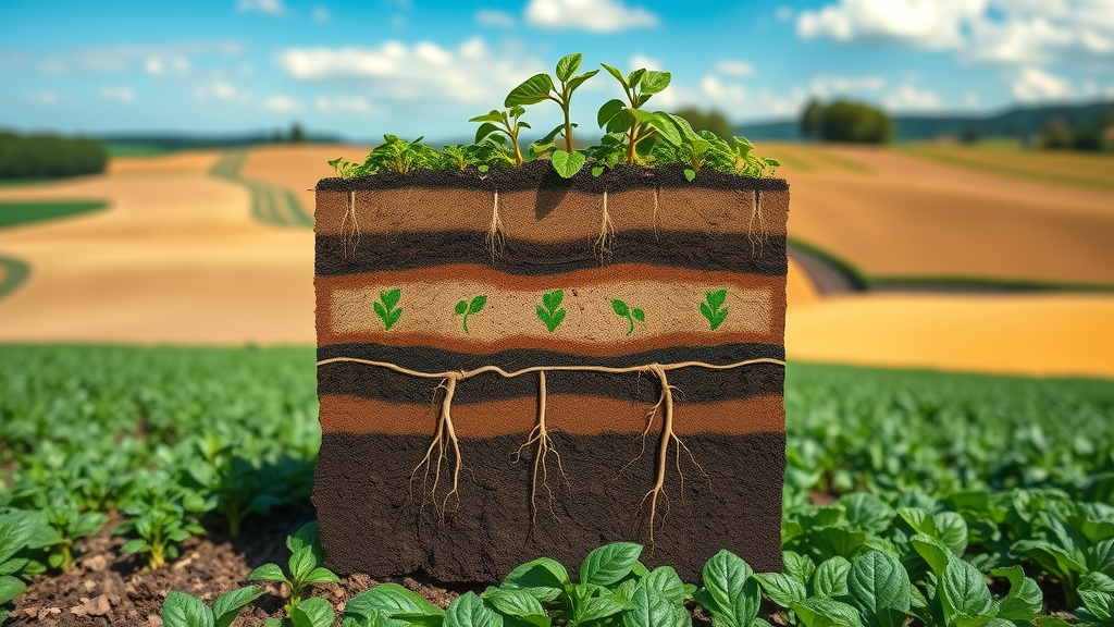 cross-section showing healthy soil, robust root systems, water flow, and nutrient cycling in regenerative farming