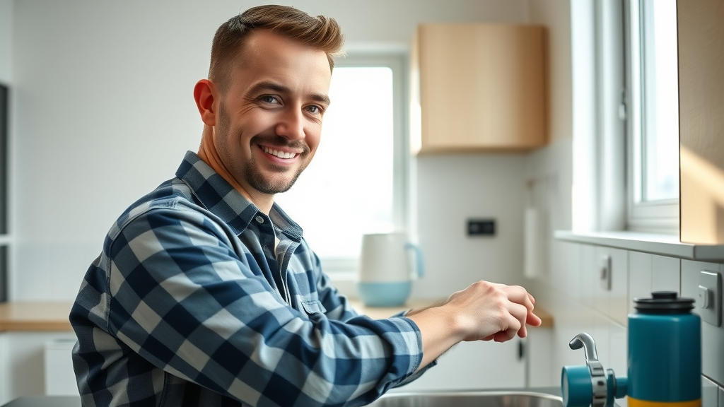 Plumber offering service guarantee while inspecting kitchen pipes