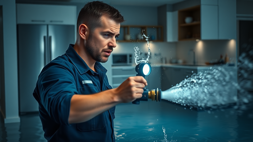 Emergency plumber stopping water damage in flooded kitchen at night