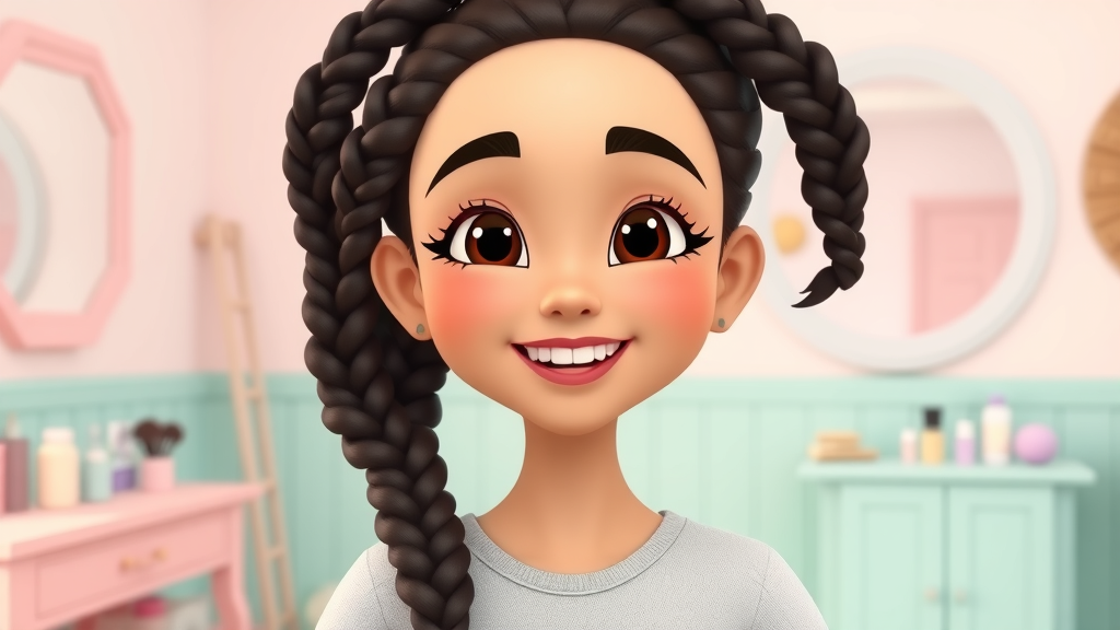 happy young Filipino woman with fresh hair braids in a pastel-colored beauty room, animated, smiling confidently, beauty accessories in background, shot with a simulated wide-angle lens.
