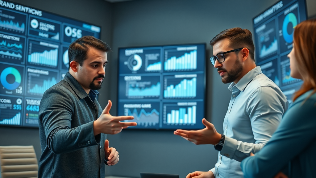 Marketing team analyzing sentiment analysis for social media reputation management