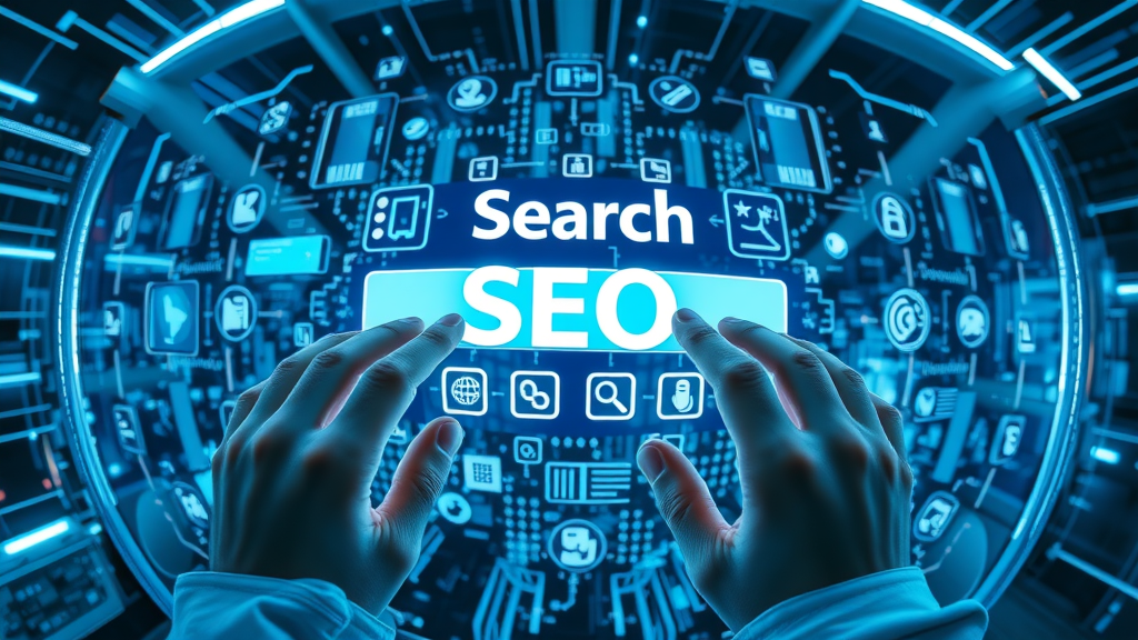 futuristic search engine interface innovative design optimize SEO digital network animated search elements