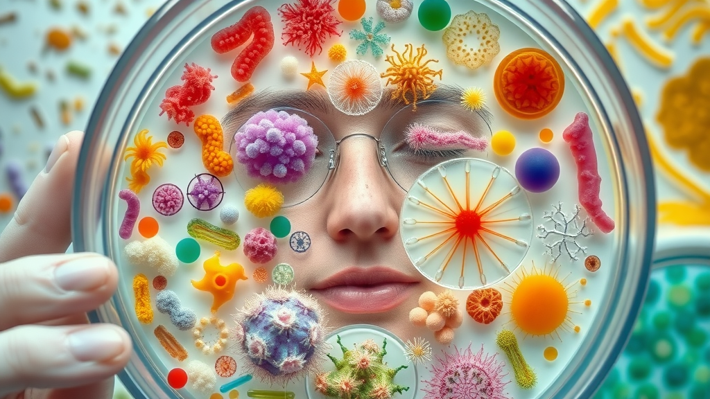 diversity of gut bacteria petri dish collage, varied colony shapes in a laboratory, microbiome diversity