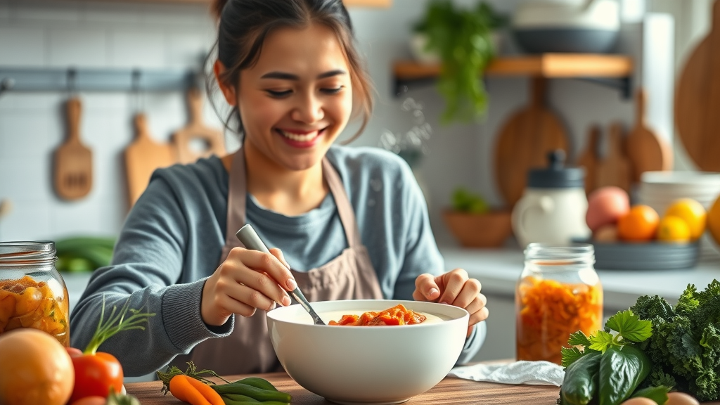 joyful person preparing probiotic-rich meal with yogurt and kimchi in modern kitchen, microbiome restoration