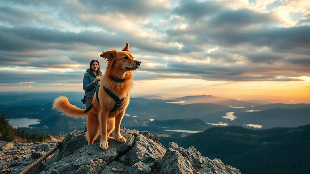Dog-friendly hikes Central Oregon - dog and owner standing on rocky ridge with mountain and lake views in golden hour light