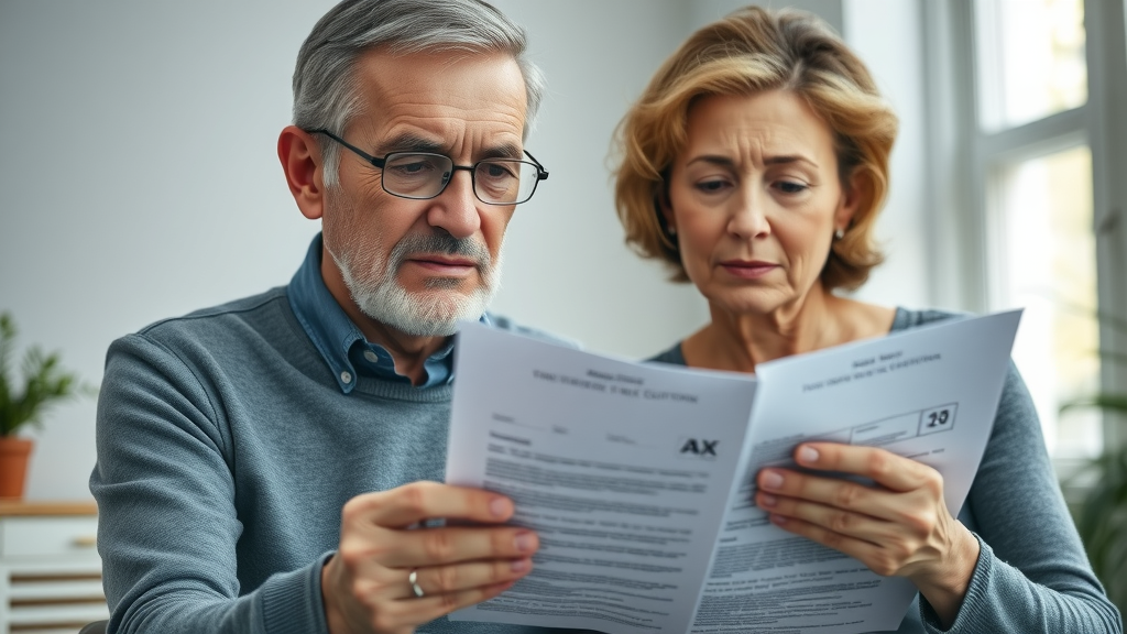 estate planning documents notary: Solemn senior couple reviewing estate planning documents with notary stamp