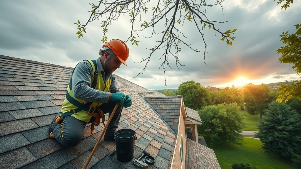 Professional roofer inspecting home roof for leaks and repairs, roofing safety.