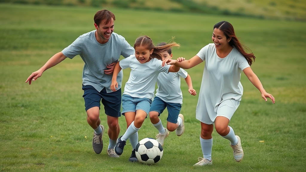 A family playing a casual soccer game together