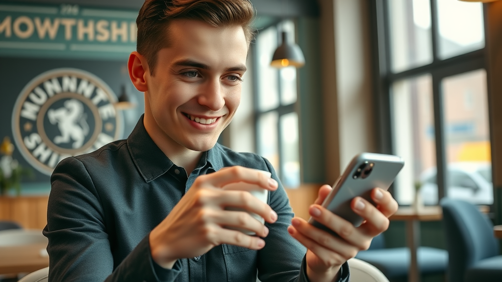 enthusiastic young professional crafting a social media post, typing on a smartphone, trendy cafe backdrop, Monmouthshire branding visible, highly detailed, social media tactics for monmouthshire marketing, daylight, shot with a Fujifilm 35mm f1.4 lens