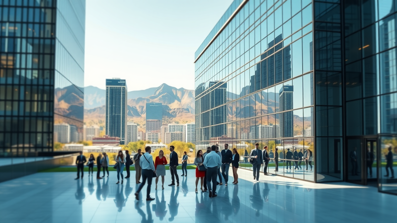 Mesa Arizona business directory - modern office headquarters of a major company, Mesa skyline, and energy of growth