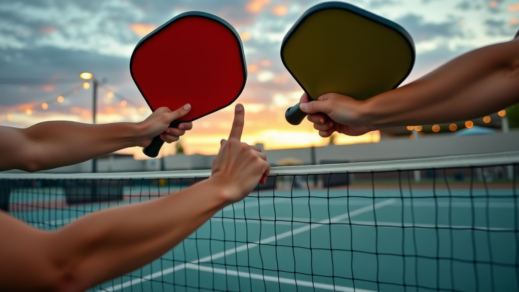 Close-up action at pickleball event Cedar Park, players high-five on court
