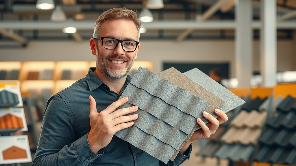 roof installation naples confident roofing expert presenting roofing material samples in modern showroom