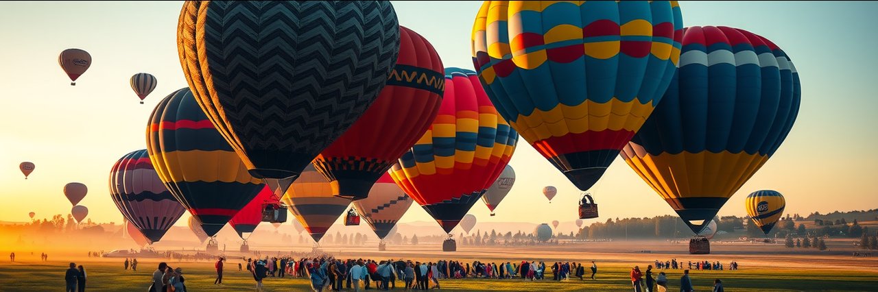 Colorful hot air balloons at NWA Hot Air Balloon Festival at sunrise.