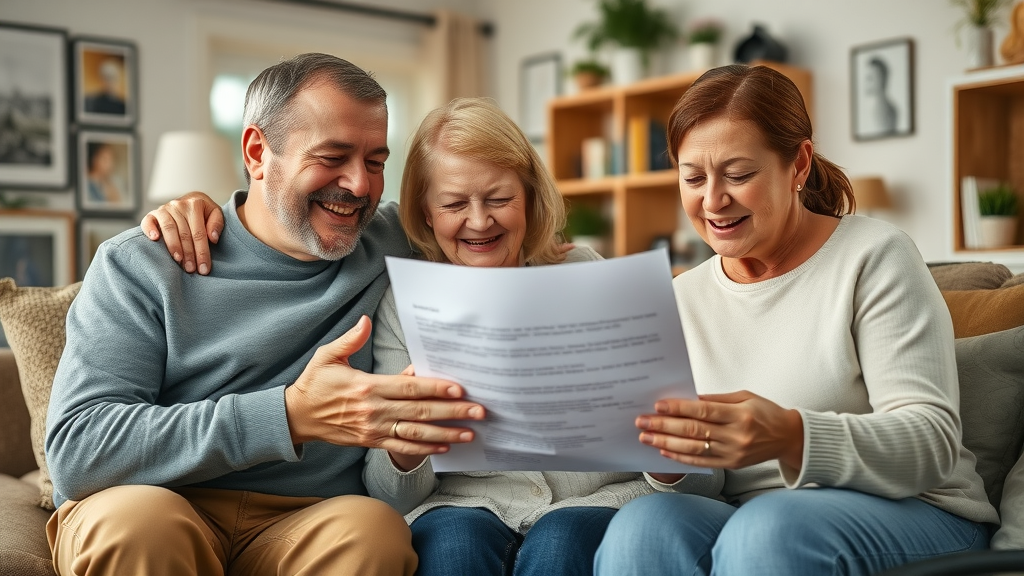 Family reading final expense insurance approval letter, financial burden alleviated