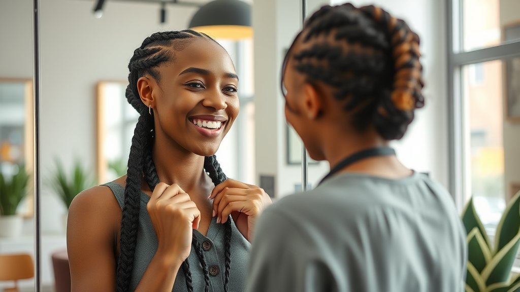 hair braiding in Olongapo - confident woman admiring her braids in front of salon mirror, joyful and proud, detailed hairstyle, modern chic interior
