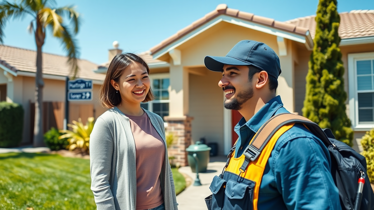 Water heater repair expert arriving at Huntington Beach home for service visit