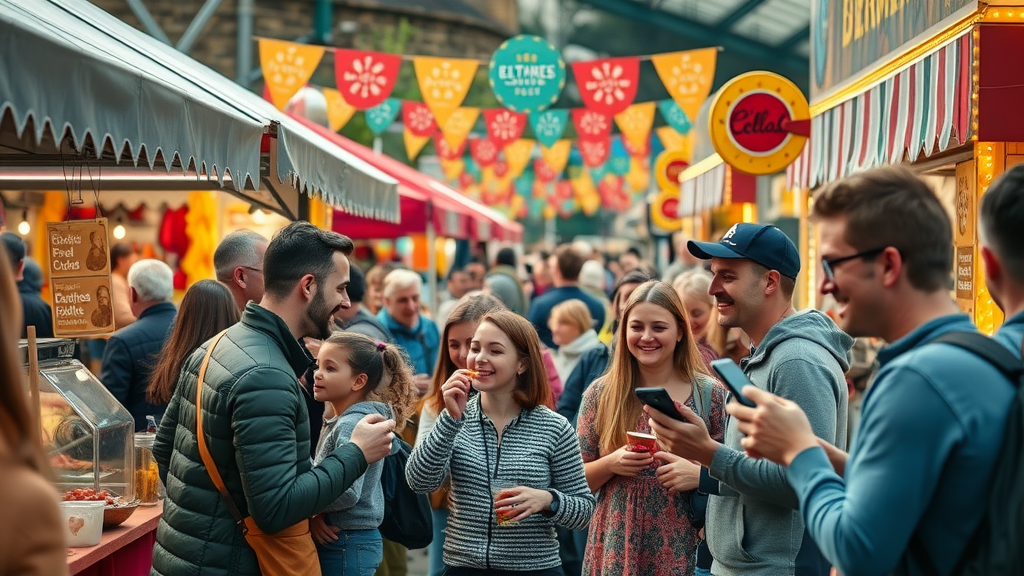 Abergavenny Food Festival, lively market, local families, vendors, people sharing food on smartphones - monmouthshire marketing success story