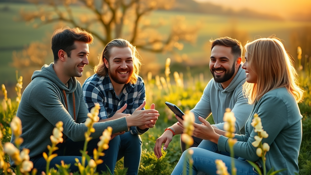 Local Monmouthshire entrepreneurs collaborating on AI projects in spring countryside