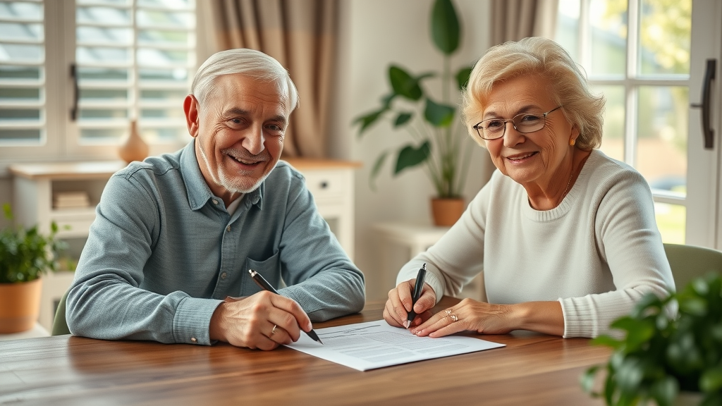 Elderly couple using mobile notary public in Arizona for estate planning, signing documents at home, sunlight background
