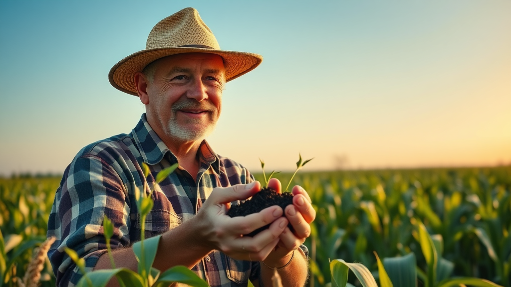 serene farmer inspecting field with healthy soil and diverse crops, regenerative agriculture in practice