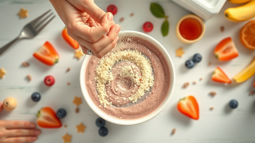 Morning preparation of a smoothie bowl with Liveden Balance Superfood powder being sprinkled