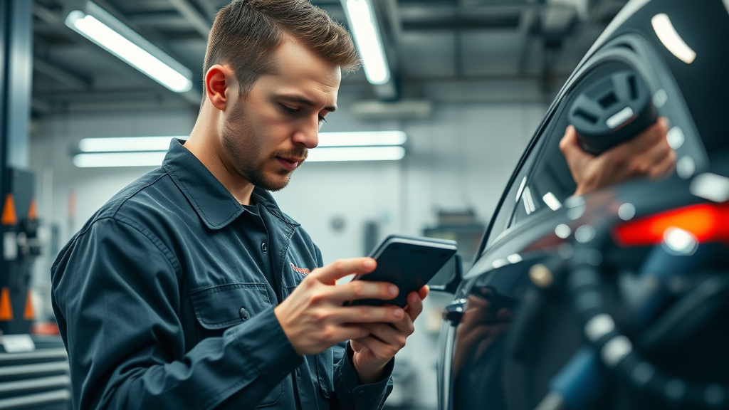 detailed vehicle diagnostics at best auto repair in irving tx mechanic uses advanced scanner in clean garage