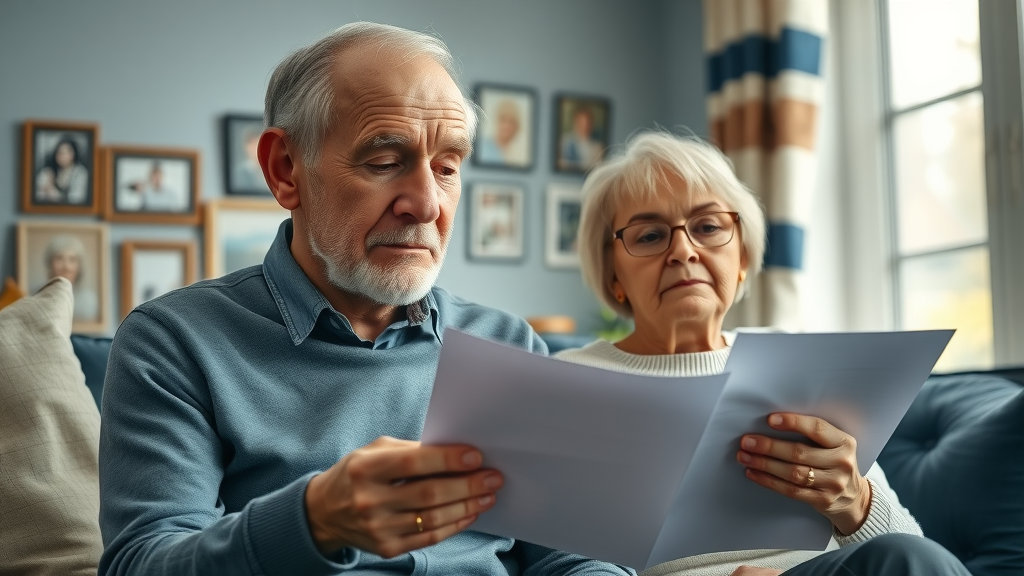 Elderly couple reviewing final expense documents in a cozy living room, final expense