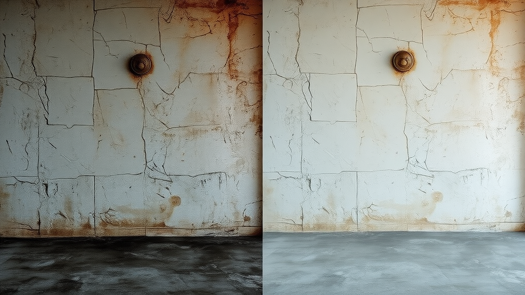 Basement wall restoration before and after showing leak repair success.