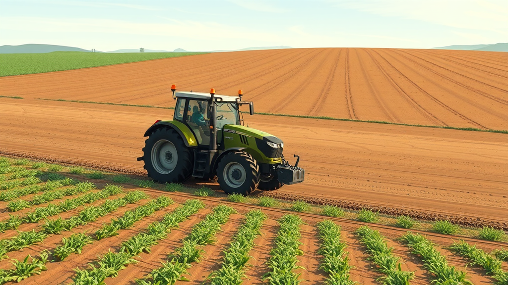 no-till regenerative farm, minimal soil disturbance, modern farming tractor preserving soil structure