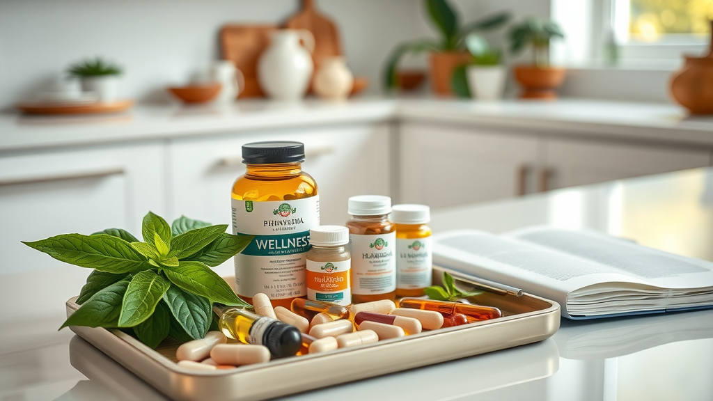 Stack of herbal supplements: holy basil, ashwagandha, rhodiola rosea, hormone balance