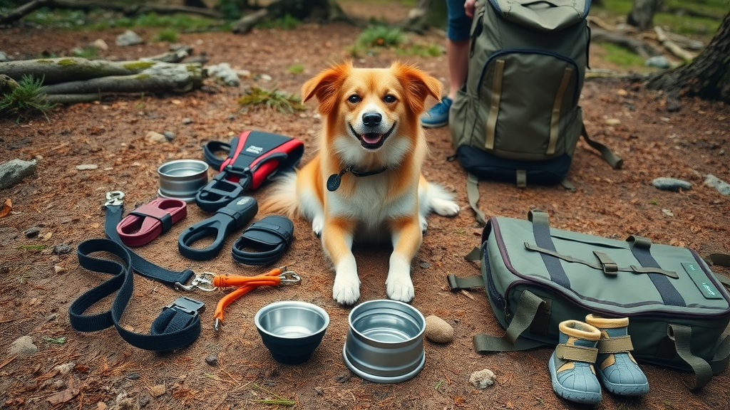 Dog-friendly hikes Central Oregon - organized hiking gear with leashes, dog boots, and owner prepping backpack in forest