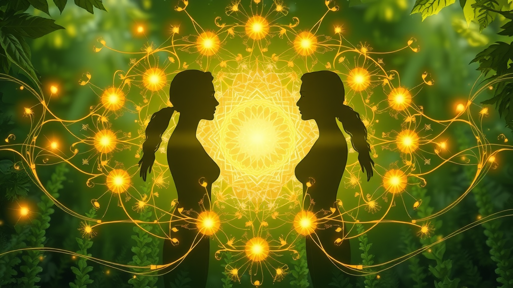 interconnected human silhouettes with herbal motifs holistic hormone balance support