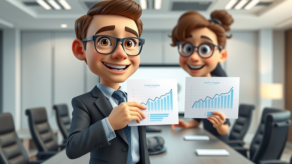 successful email marketing campaign results review in boardroom, with graphs and confident presenter