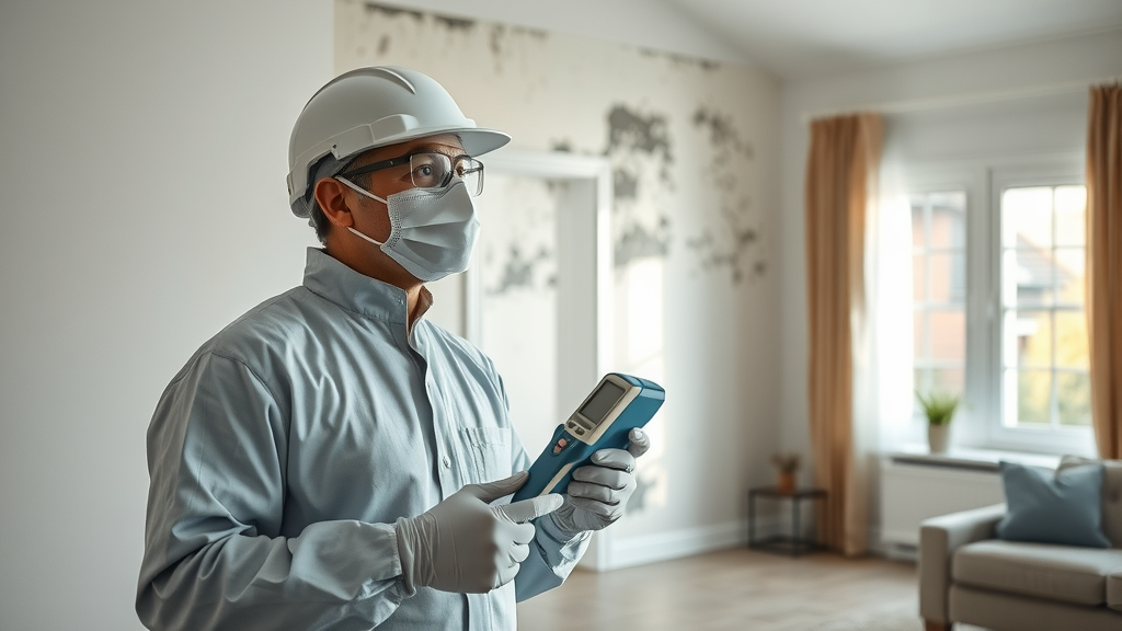 Technician inspecting wall during mold remediation services, bright modern home.