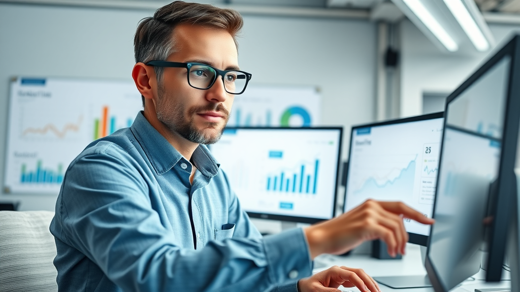 smart SEO specialist optimizing a nonprofit website for search with analytics tools and charts, demonstrating nonprofit digital marketing best practices
