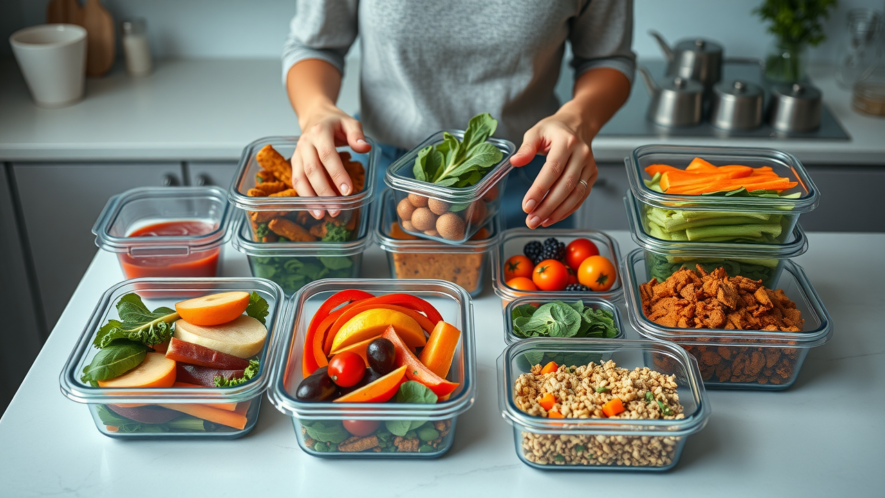 Meal prep containers with gut-healthy foods in a bright modern kitchen.