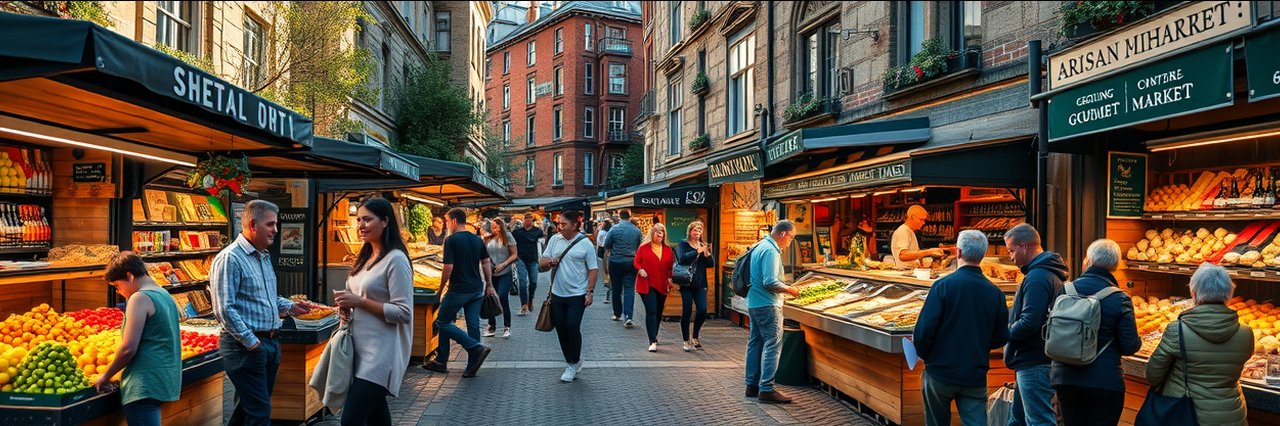 Artisan gourmet market with vibrant stalls, fresh foods, and shoppers under golden light.