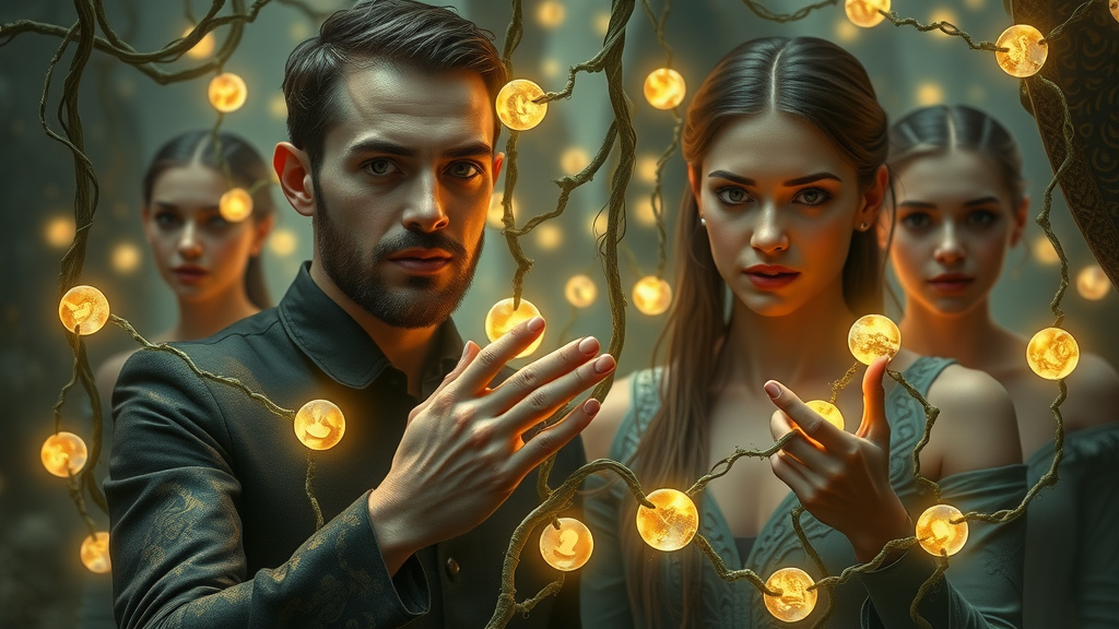 Linked customers and business network forming authentic connections in a high fantasy setting, glowing links, highly detailed
