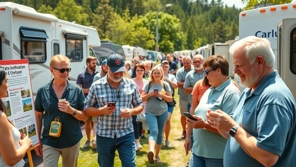 Busy RV campground with informational posters supporting the rv market transformation