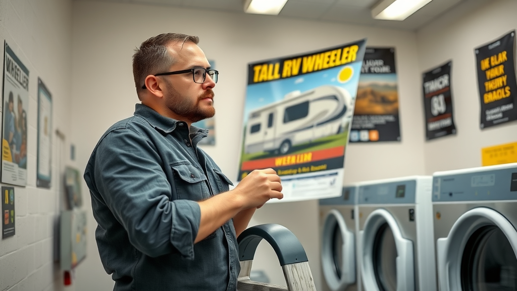 Diligent maintenance worker replacing RV Wheeler poster indoors on ladder in laundry room