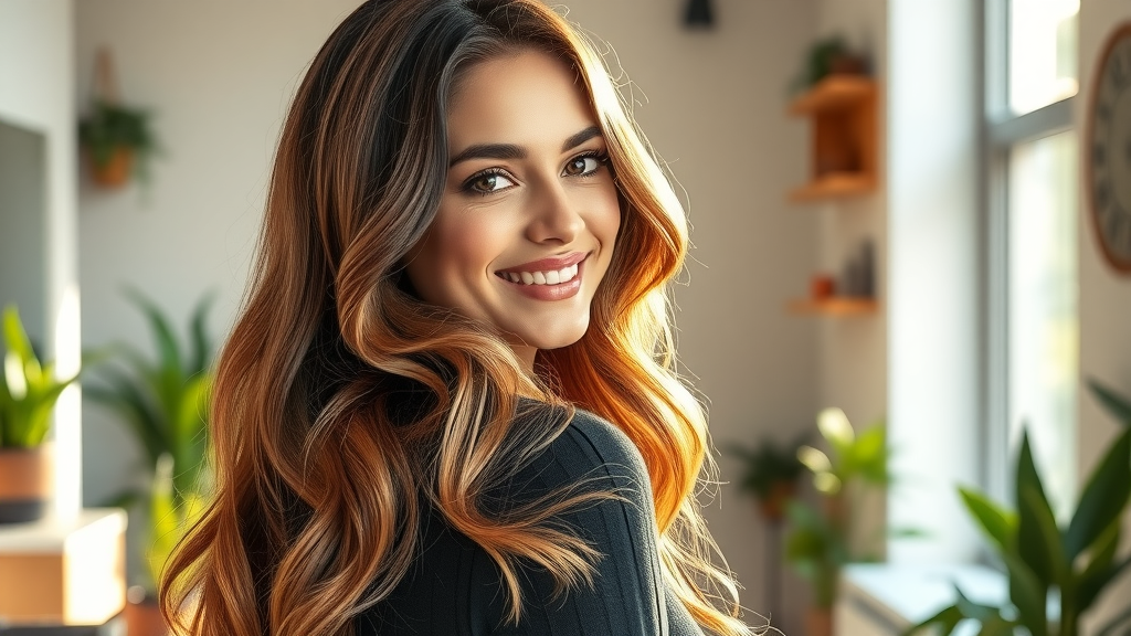 Balayage hair glows in sunlight with natural wavy highlights by a salon window