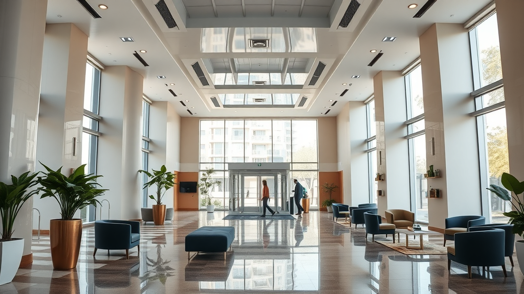High-end lobby after quality commercial painting services, vibrant and professional.